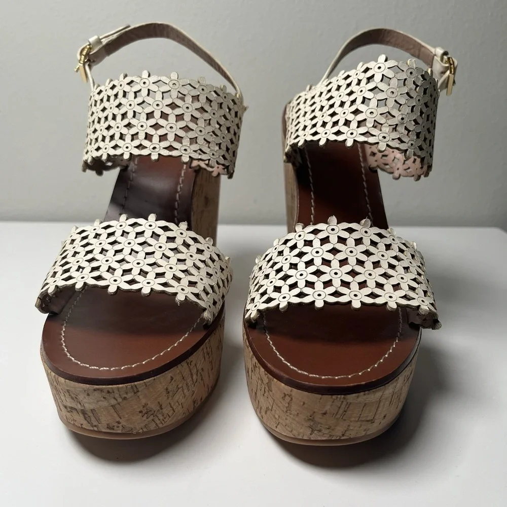 Tory Burch Wedge Sandals Womens 11M White Floral Laser Cut Cork Platform Summer